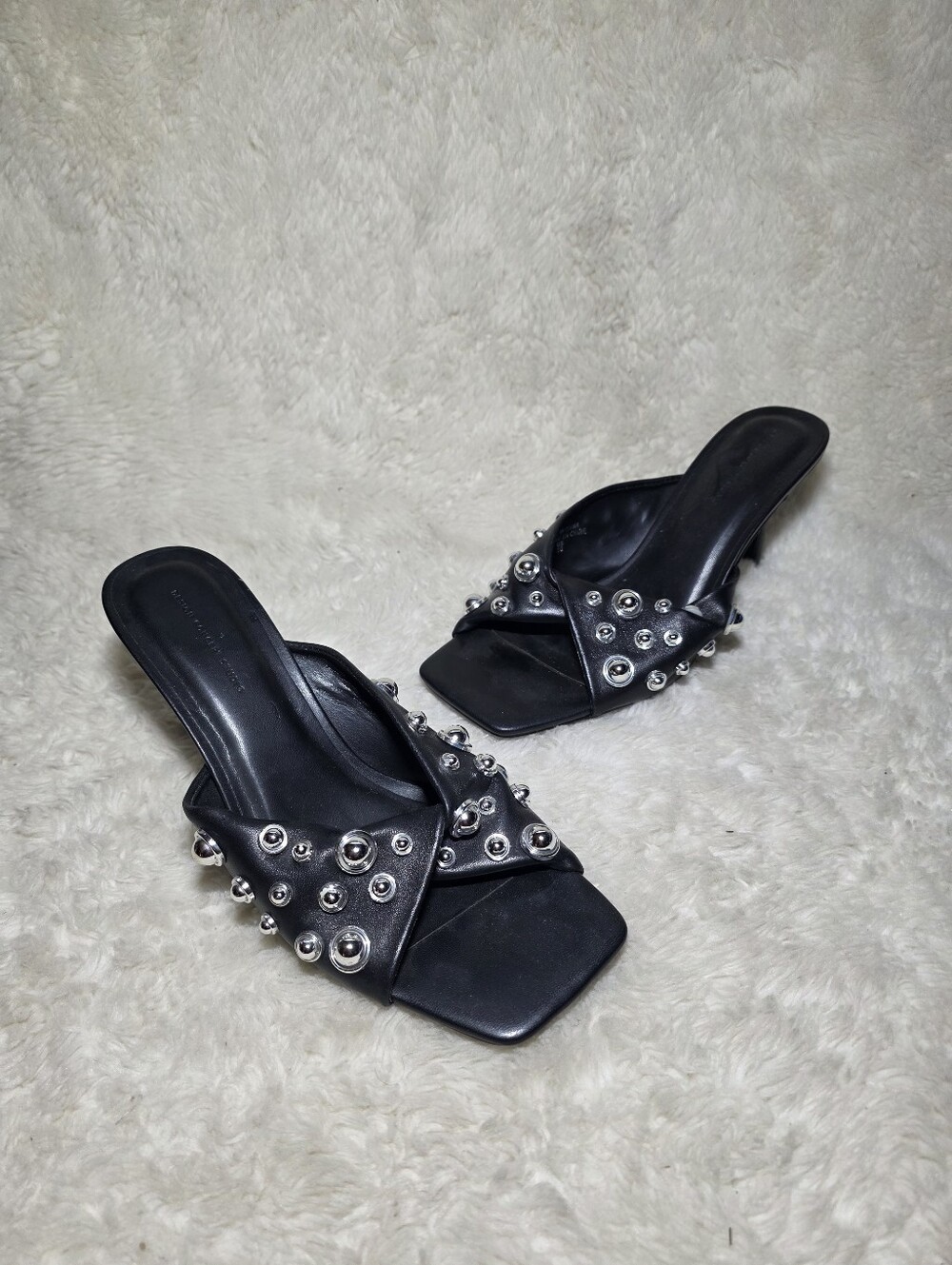 DESIGN CONCEPT STUDIO Black Studded Mule Heels Square Toe Crossover Slides 10